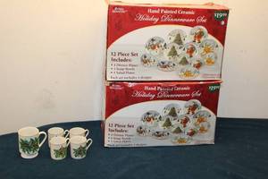 lot 269 image: 12 Piece Hand Painted Ceramic Holiday Dinnerware Set with Mugs - Royal Seasons