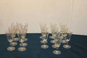 lot 271 image: Set of 16 Vintage Glass Goblets - 6 Iridescent & 10 Etched Design