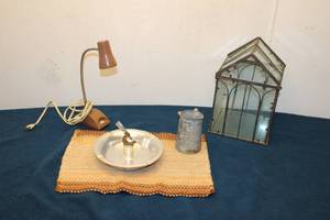 lot 281 image: Vintage Desk Collection Lamp, Ashtray, and Metal Pitcher - Unique Items from 1940s