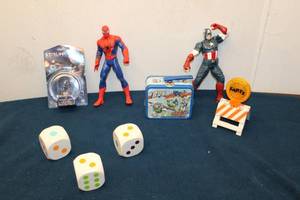 lot 290 image: Assorted Toys Spiderman Figure, Captain America Figure, Buzz Lightyear Lunch Box, Light-Up Dice, and FARTS Sign