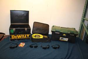 lot 294 image: Assortment of Tools and Accessories Including Dewalt Toolbox, Bosch Cord Reel, and Sunglasses