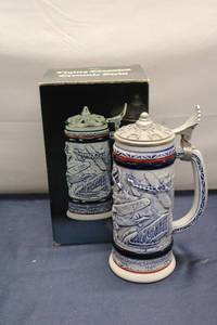 lot 305 image: Limited Edition Blue and White Porcelain Beer Stein with Airplane Motif - Original Box Included