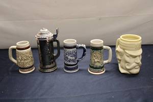 lot 320 image: Collection of 5 Themed Beer Steins - Vintage and Unique Designs