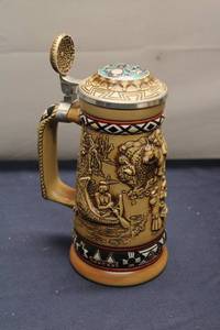 lot 324 image: Decorative Vintage Beer Stein with Native American Theme - 1 Liter