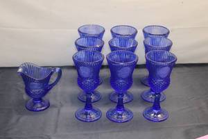 lot 329 image: Set of 10 Cobalt Blue Stemmed Goblets with Creamer Pitcher - Vintage Glassware