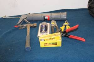 lot 381 image: Assorted Hand Tools and Supplies Including Hammers, Pliers, and Staples