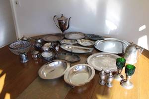 Assortment of Vintage Silver and Green Glassware - Set Includes Trays, Cups, and Serving Pieces