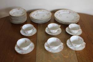 Complete Set of 12 Vintage Floral Porcelain Plates and Cups with Saucers