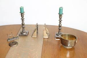 Collection of Vintage Brass Items - Candle Holders, Ewer, and Decorative Bowl