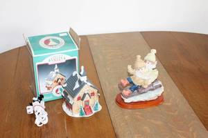 Set of 2 Vintage Christmas Figurines - Sledding Kids and Decorative House