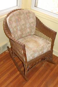 Vintage Wicker Rocking Chair with Floral Cushion