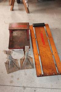 Vintage Heavy Duty Workshop Equipment Set - Creeper, Jack Stands, Stool