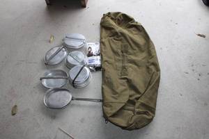 Set of 6 Vintage Aluminum Cooking Pots with Canvas Bag and Suspenders