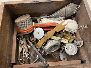 lot 362 image: Wood Box of Vintage Kitchen Utensils