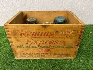 lot 381 image: Wood Remington Express Shipping Box & Glass Jars