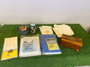 lot 431 image: Table Clothes, Buttons, Thread, Towels & Small Cedar Box