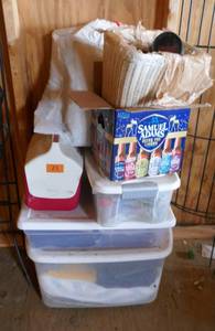 Group of misc totes with contents, bucket of tennis balls, etc