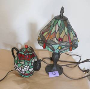 lot 30 image: Unique acrylic stained glass lamp in the shape of a teapot, and a dragonfly tiffany style