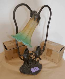 lot 31 image: Unique Bronze Frog lamp with 2 tulip shades
