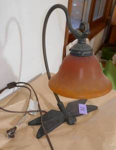 lot 32 image: Unique Bronze Dragonfly lamp 15 tall x 13 deep with a 7 inch glass shade