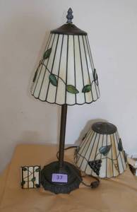 lot 37 image: Tall stained glass desk lamp 23 inches, and tea light stained glass stand