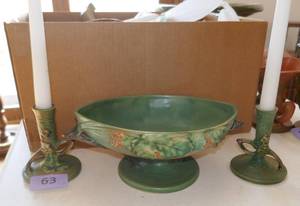 lot 63 image: Vintage Roseville 10 inch vase and candle holders
