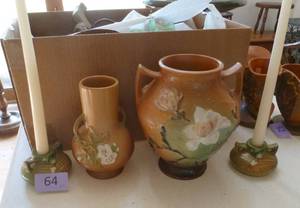 lot 64 image: Vintage Roseville Magnolia vase and candle holders plus