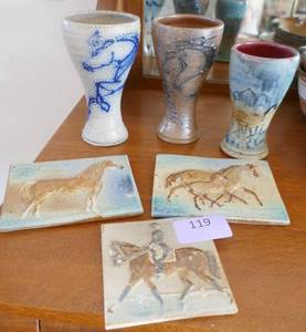 lot 119 image: Six pieces of pottery, all horse themed