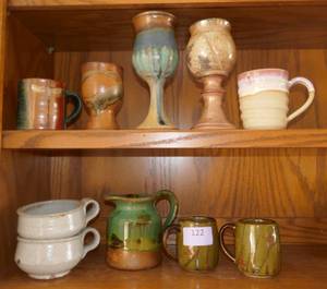 lot 122 image: Group of Seven pottery cupsgoblets, 2 bowls and a creamer