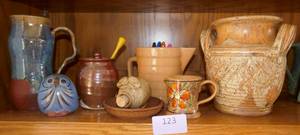 lot 123 image: Group of misc pottery including a pitcher and a honey pot