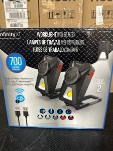 lot 30 image: Infinity X1 Stereo, Wireless, Rechargeable 700 Lumens Worklight with Bluetooth Speakers 2-Pack
