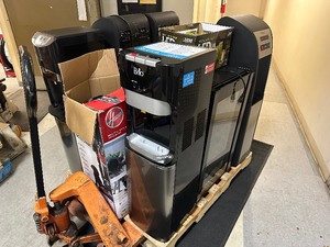 lot 105 image: Pallet of defective Products - Wine Fridge, Water Coolers, Vacuum, ION Large Speaker, String Lights