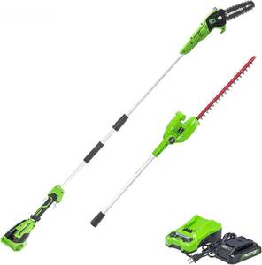 lot 8 image: GreenWorks Tools 24V 8 Cordless Battery Polesaw & Pole Hedge Trimmer Combo Kit w 2Ah USB Battery and Charger
