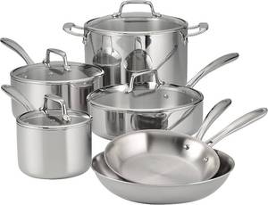 lot 10 image: Tramontina Stainless Steel Tri-Ply Clad 10-Piece Cookware Set, Glass Lids, 801161011DS