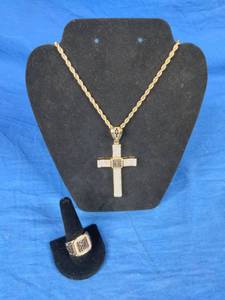 New Goldtone Stainless Steel Crystal Cross Pendant and Ring Set, Ring Size 12