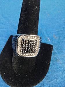 Mens Stainless Steel Black and White Crystal Ring Size 10