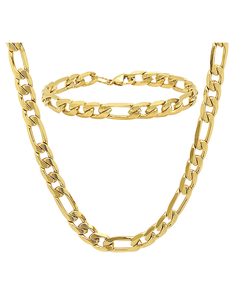 New Steeltime Mens 18K Gold Over Stainless Steel Figaro 24 Chain and 8-12 Bracelet Set