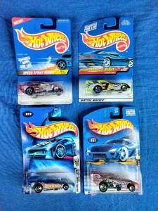 4 New Mattel Hot Wheels Cars Mega Graphics, Firebird, Mustang, and Others