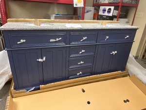 lot 1 image: Home Decorators Collection Fremont 72 in. Double Sink Navy Blue Bath Vanity with Grey Granite Top (Assembled) Retail $1749
