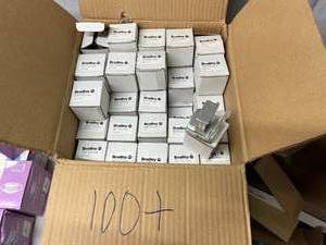 lot 82 image: Lot of 100 NEW In Box Bradley 9114-000000 Stainless Steel Single Robe Hooks