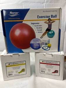 lot 50 image: NEW Norco Burst Resistant Latex-Free Exercise Workout Ball and AetheraBand Non-Latex Professional Resistance Bands 