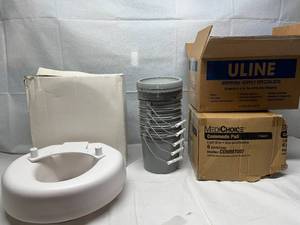 lot 51 image: Moddak SP Ableware Tall-Ette Elevated Toilet Seat with Slip-On Lok-In-El,&nbsp1 Case (6 each) NEW MediChoice COMM7007 7-Quart Non-Autoclavable Commode Pail - Light Gray,&nbspLot Of 5 NEW Letica 1-Gallon Buckets & Lids