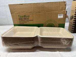 lot 55 image: 1 Case (50 each) NEW Sunlive 8 x 8 100% Compostable Clamshell Containers
