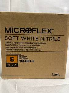 lot 17 image: MSRP $220  1 Case (1000 gloves) NEW Ansell TQ-601 Microflex Soft White Nitrile Powder-Free Exam Gloves - Small with HYDRASOFT Skin Moisturizing Technology&nbspinner coating helps skin retain 2x more moisture preventing dryness & discomfort