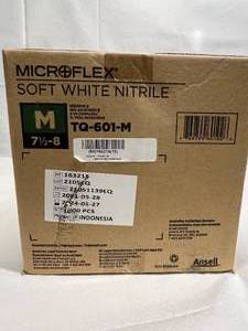 lot 17A image: MSRP $220  1 Case (1000 gloves) NEW Ansell TQ-601 Microflex Soft White Nitrile Powder-Free Exam Gloves - Size Medium with HYDRASOFT Skin Moisturizing Technology&nbspinner coating helps skin retain 2x more moisture preventing dryness & discomfort