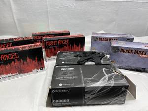 lot 25 image: Lot Of New Gloves (4) Night Angel by Adenna 100-Pack Powder-Free Nitrile Examination Gloves - Size S, (2) Dash 100-Pack Black Maxx Nitrile Powder-Free Nitrile Examination Gloves, (2) Cranberry 200-Pack Carbon Nitrile Powder-Free Examination Gloves