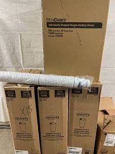 lot 71 image: 1 Case (10,000 each) NEW Individually Wrapped Flexible Drinking Straws, 3 Cases (750 each per case) NEW Dart 16 oz. Trophy Plus Insulated Cups With Martins Fresh Tastes Best Cups Emblem Private Label On Them - Great For Outdoor Games Concessions