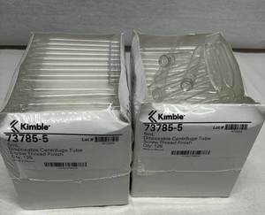 lot 88 image: Lot of 2 NEW Kimble 73785-5 125-Pack 5mL Screw Thread Finish Disposable Centrifuge Tubes 