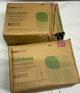 lot 108 image: 2 Cases NEW BeeSure 206 Rainbow Saliva Ejectors - Green, Blue, Teal, Lavender, and Yellow