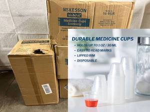 lot 6 image: MSRP $400  3 Cases (5000 each per case) NEW McKesson 16-9505 Medi-Pak Single-Use 1oz. Latex-Free Economy Graduated Polypropylene Medicine Cups & 1 Case (5000 each) NEW MediChoice 33304M 30mL Non-Sterile Graduated Metric-Only Medicine Cups